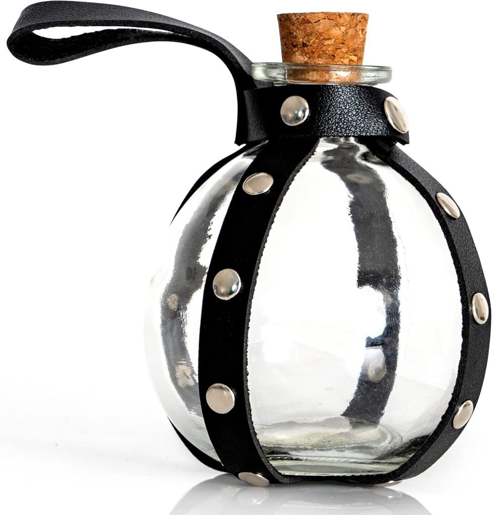 Skeleteen Dark Magic Potion Bottle - Black Wizard Potions Glass Holder with Cork Stopper and Faux Leather Harness with Holster Loop