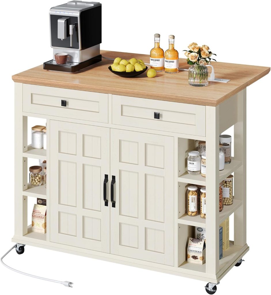 YITAHOME Kitchen Island with Drop Leaf  Power Outlet, Rolling Kitchen Cart on Wheels, Americana Kitchen Island Cabinet with Open Shelves for Kitchen Dining Room, Thicker Rubberwood Top, Off White